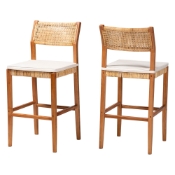 bali & pari Chatura Natural Rattan and Mahogany Wood 2-Piece Bar Stool Set - Handwoven Wicker Stool with Angled Back, Coastal Boho Seating for Lounge, Bar Height